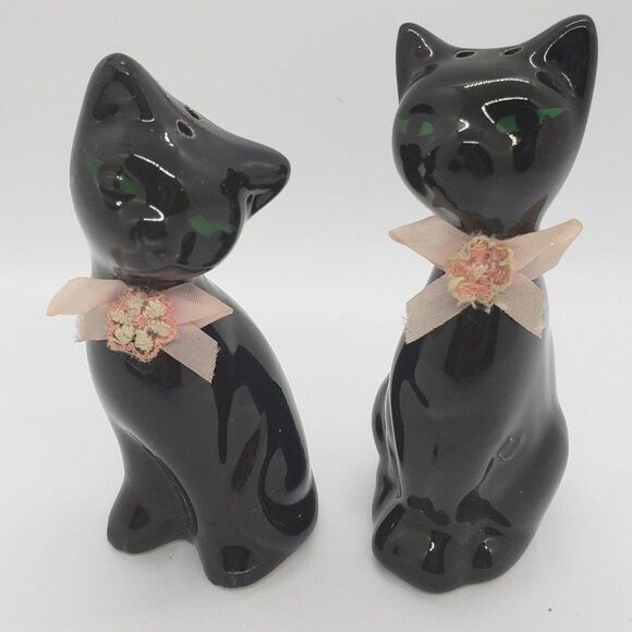 𝅺Black Cats Green Eyes Pink Bows & Flowers Vintage Salt & Pepper Shaker Set - Picture 9 of 11